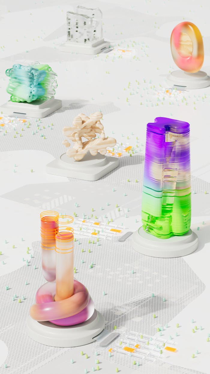 Vibrant 3D abstract sculptures displayed on a pristine white surface under bright lighting.